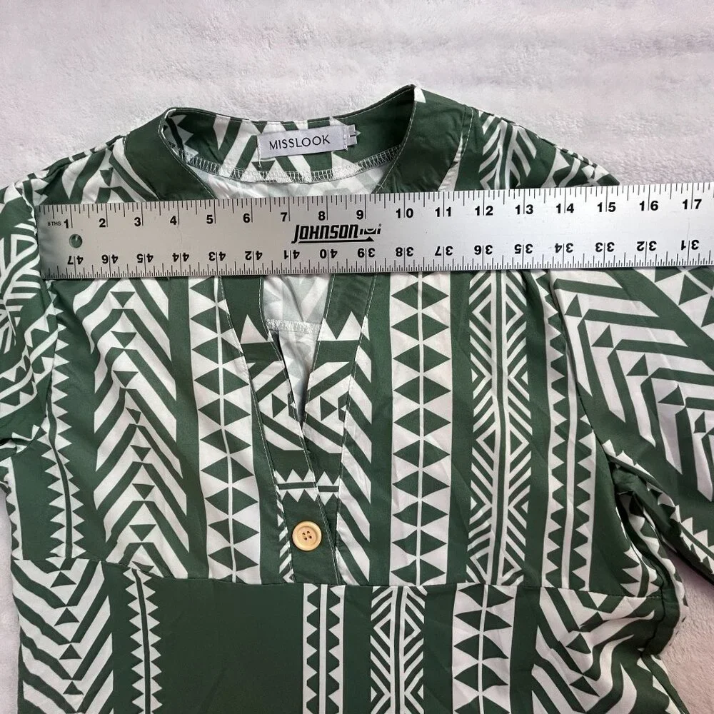 Misslook Womens Green & White Aztec Print 3/4 Sleeve Tiered Shift Dress Large - Picture 4 of 8